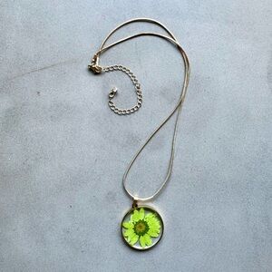 Handmade Dried Green Daisy Gold Pendant Necklace